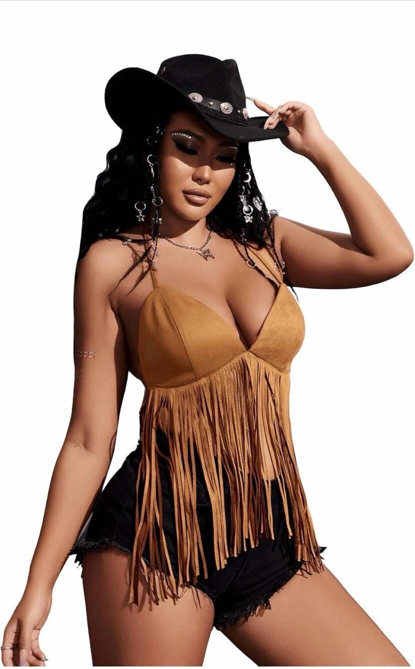 Verdusa Women's Brown Faux Suede Fringe Tie Back Halter Top